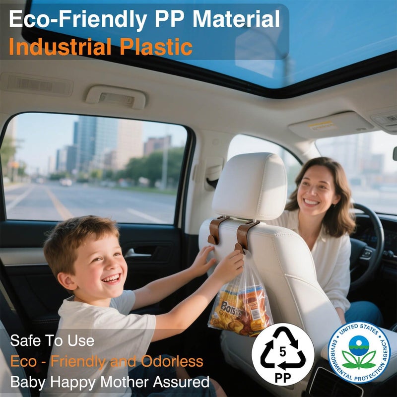 KULOLO Car Seat Hooks & Purse Holder - 4 Pack Boxed,55 lb Heavy Duty,Eco PP Car Hooks for Purse/Bag/Baby Gear/Gym Bag/Groceries/Cup/,Fits 0.32-0.55”Car Headrest Rods (Brown-2) - Image 4